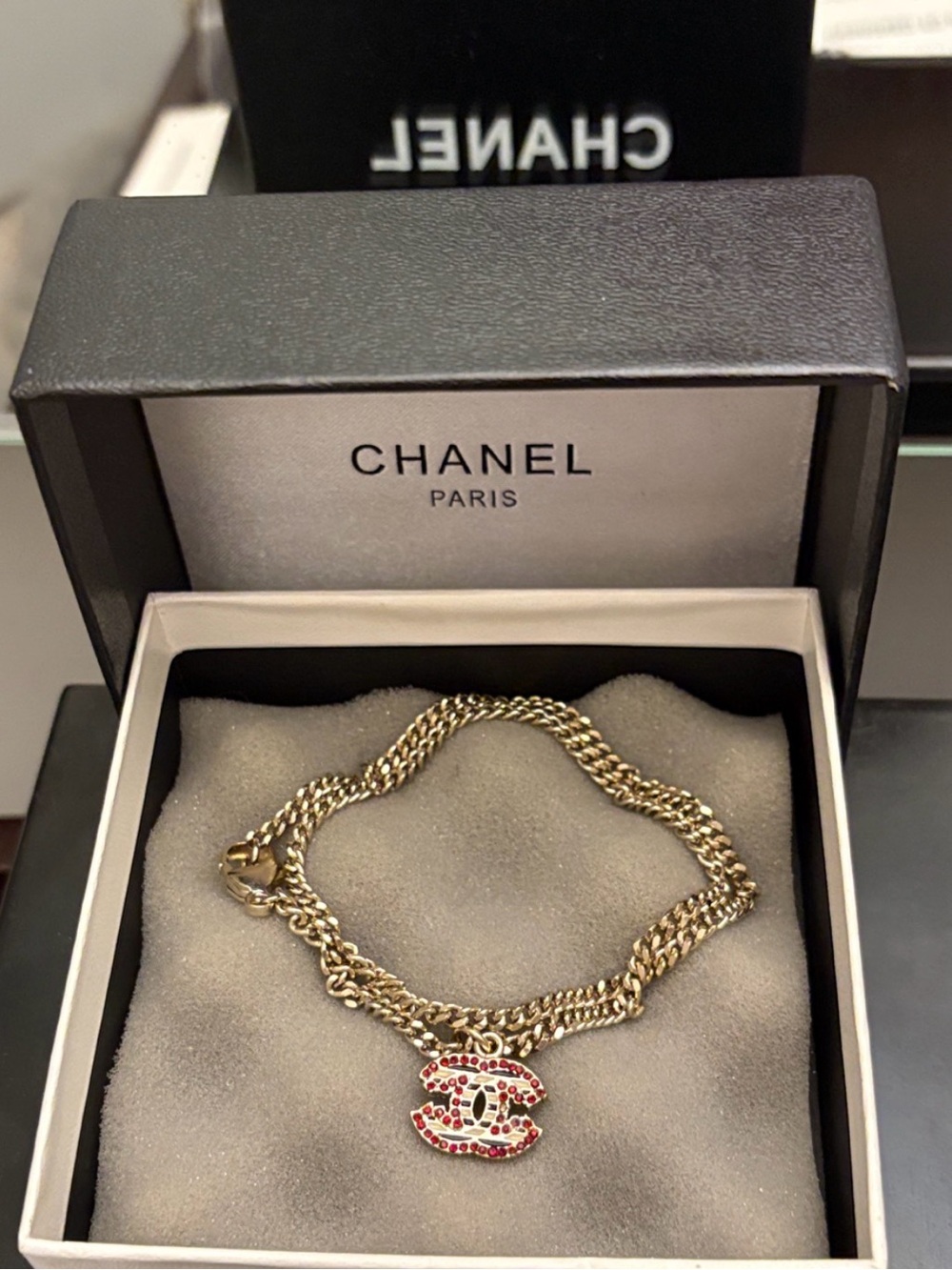 Authentic Chanel Coco CC Red Crystals Chain Necklace with box